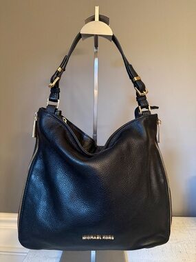 MICHAEL KORS Black Leather Shoulder Hobo with Gold Hardware